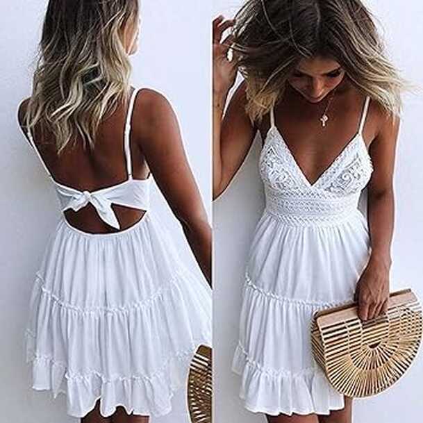 Women&#39;s White Short A Line Cotton Elegant Straps Summer Dress ...