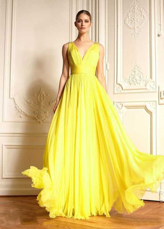 Women&#39;s Yellow Pleated Evening Dress