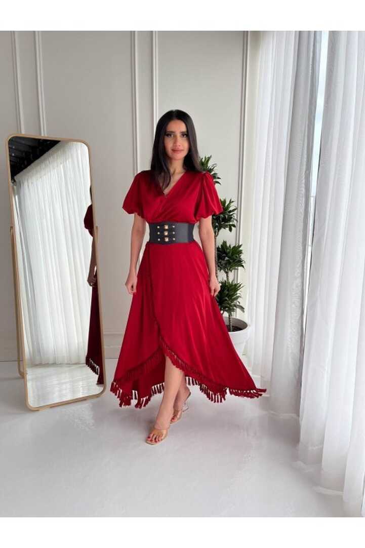 Women&#39;s elegant red dress short sleeves open wrap model from the ...