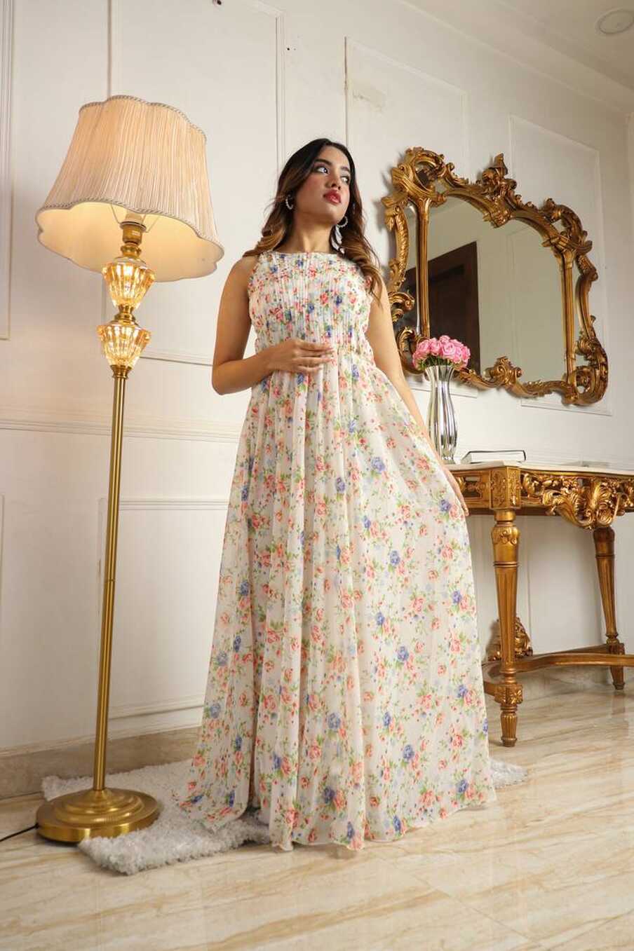 Women&#39;s off-white floral printed georgette long dress - vidraa ...