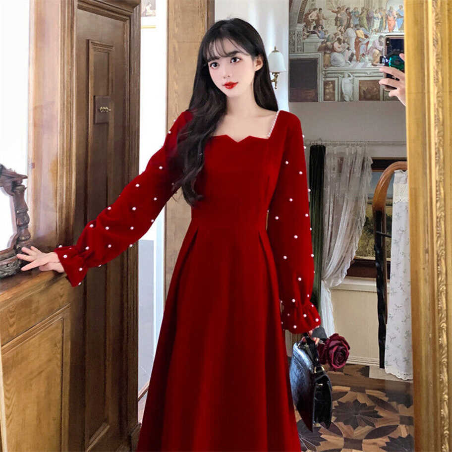 Women&#39;s sweet square neck velvet long sleeve high waist red dress ...