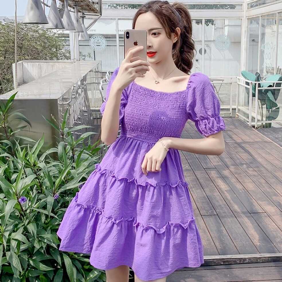 Women 2020 New Chic Purple Short Dress Retro Square Collar Puff ...