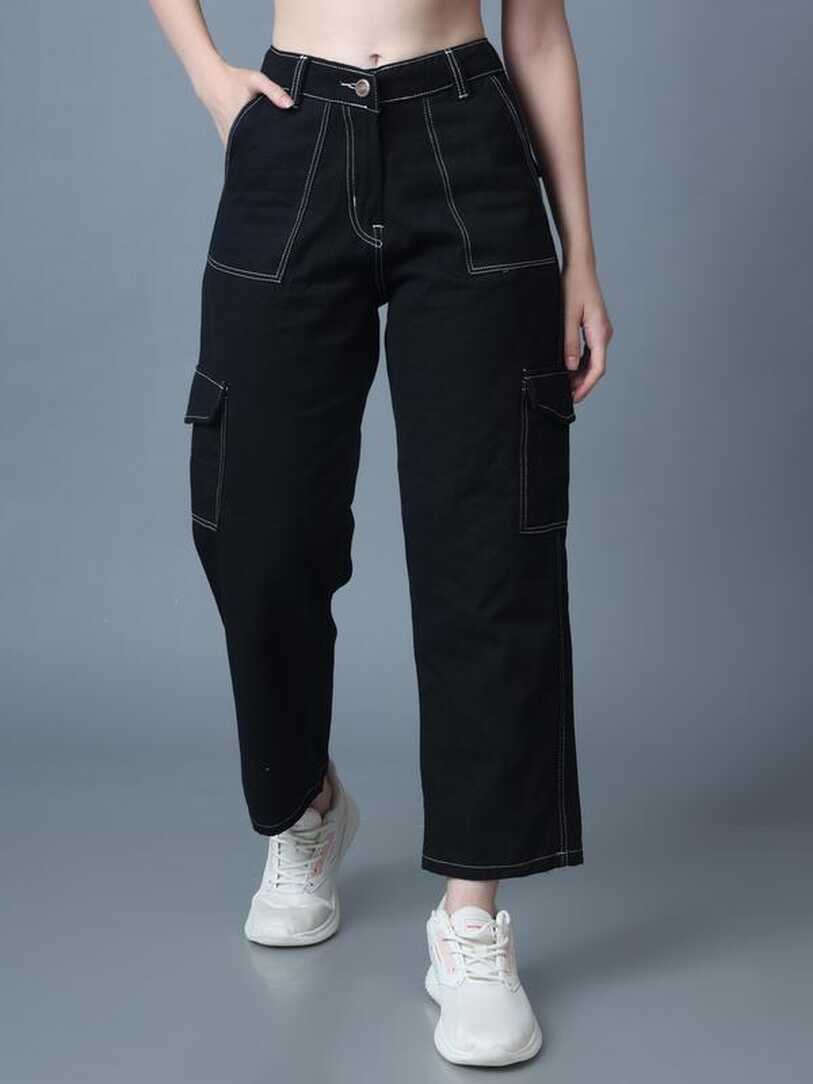 Women 6 Pockets Contrast Stitch Wide Leg Black Jean Pants – The ...