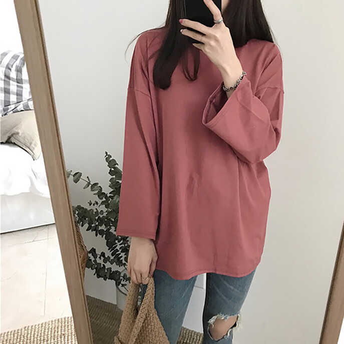 Women Autumn Long Sleeve Loose Fit Solid Color Casual O Neck Top T ...