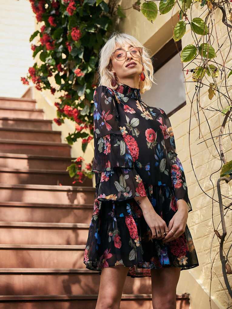 Women Black Chiffon Floral Choker Dress