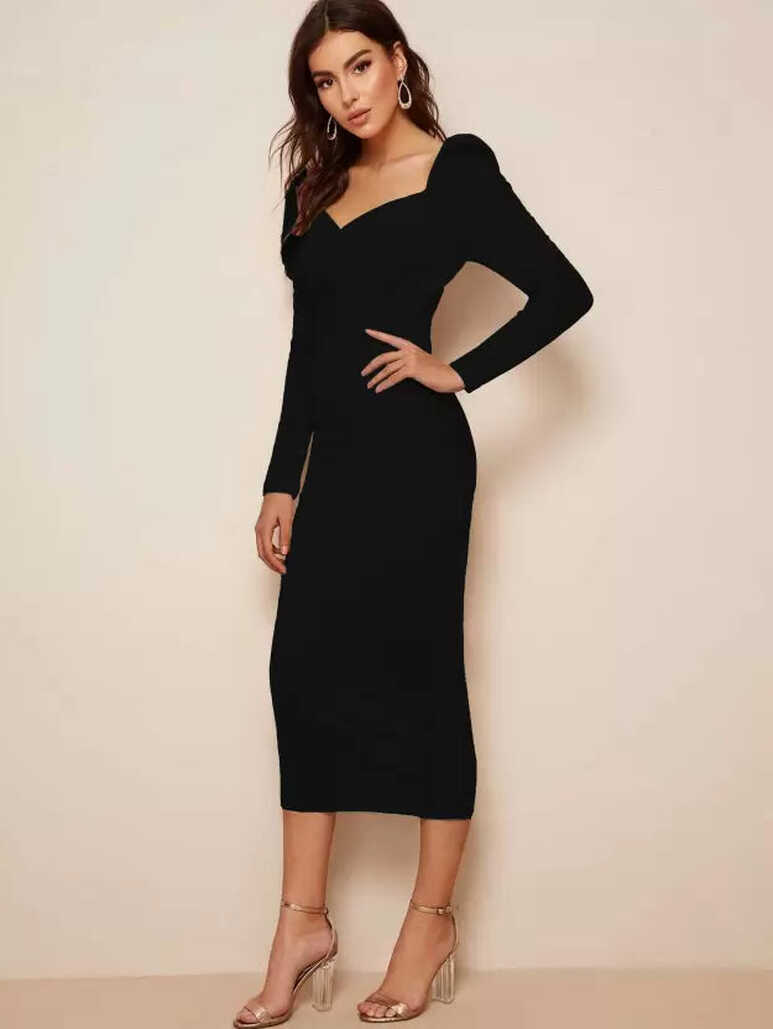 Women Bodycon Wrap neck Full Sleeve Black Dress – roseryparis