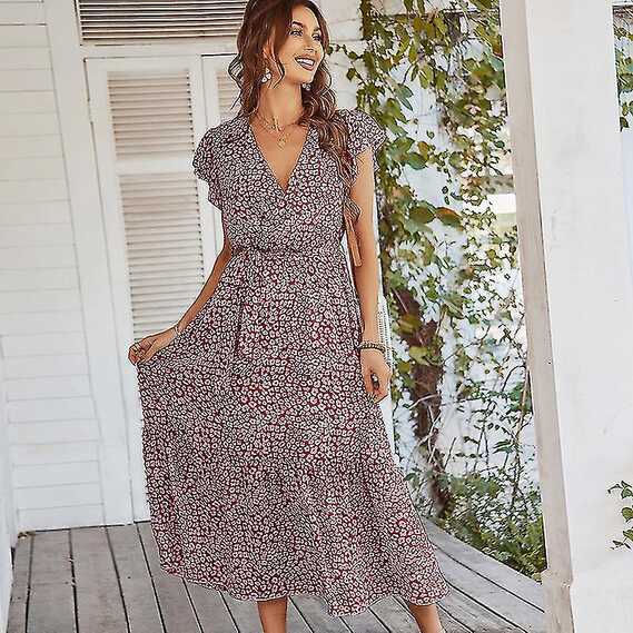 Women Bohemian Floral Dresses Summer V Neck Casual Flowy Maxi ...