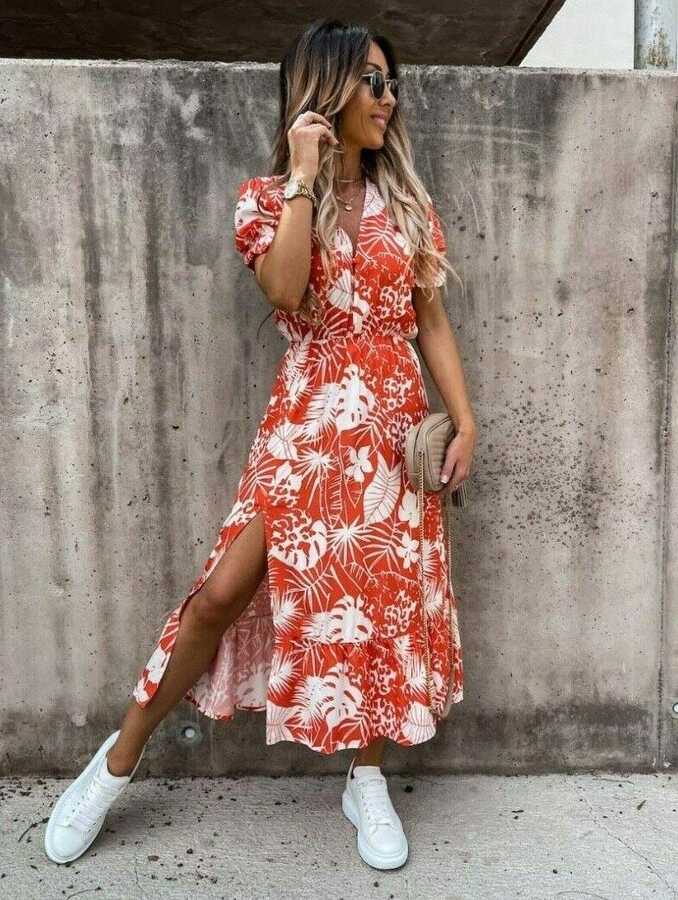 Women Boho Floral Print V-Neck Short Sleeve Midi Dress Casual ...