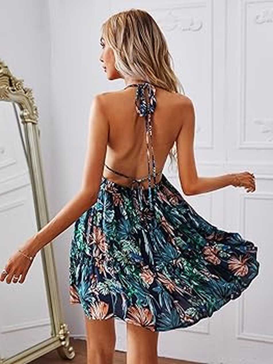 Women Boho Summer Dresses Backless Plunging Neck Tied Open Back ...