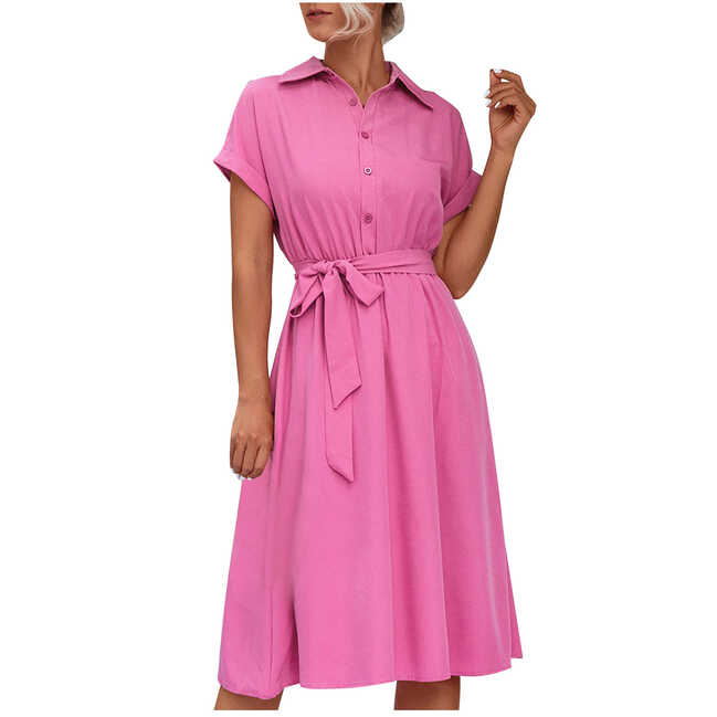 Women Button Down Dress with Belt Lapel Collared Short Sleeve ...