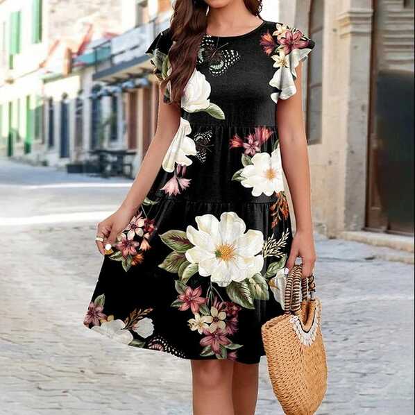 Women Casual Flower Print Dress Elegant Ruffle Short Sleeve Mini ...