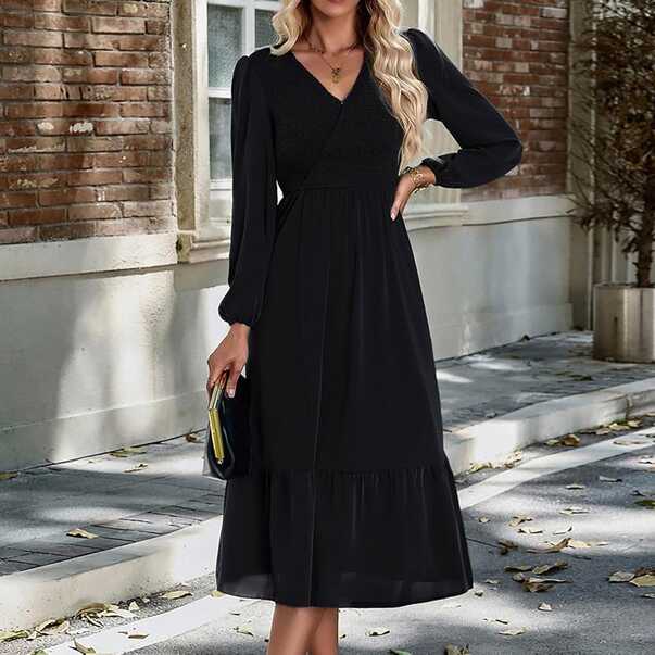 Women Casual Long Sleeve Dress V Neck Ruffle Smocked Dresses ...