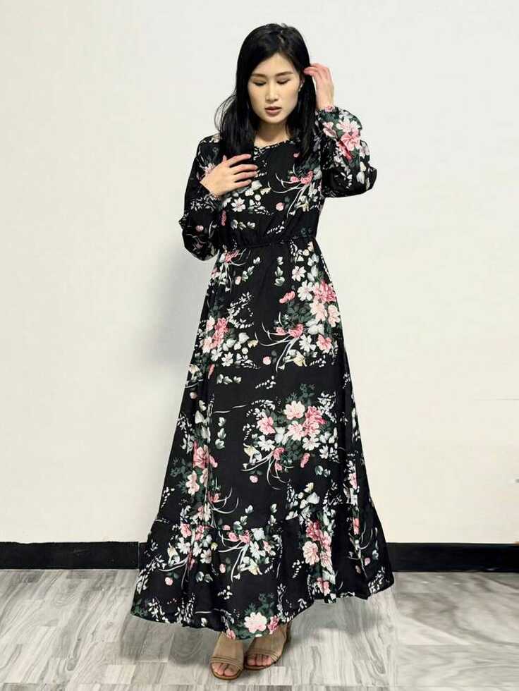 Women Casual Long Sleeve Floral Dress Elastic Waist Maxi Dresses ...