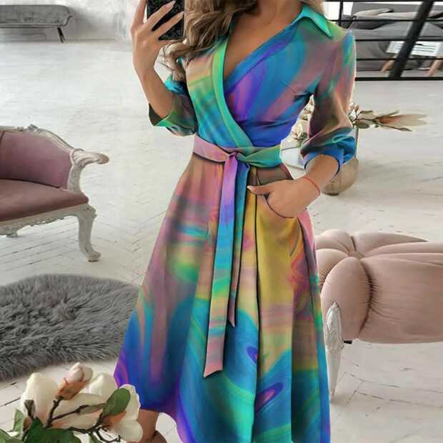 Women Casual Loose Ladies V Neck Long Sleeve Maxi Dress Wedding ...