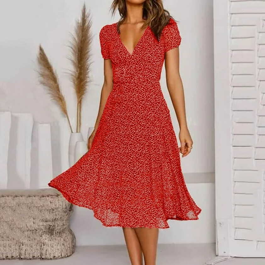 Women Casual Polka Dot Print Short Sleeve V-Neck Dress RED XL ...