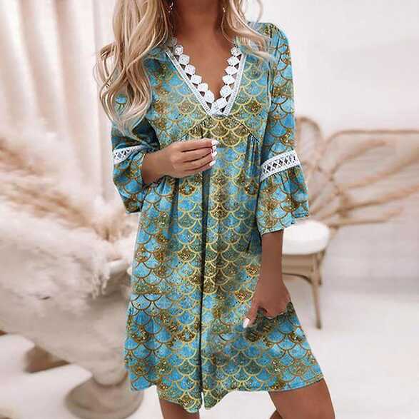 Women Casual Summer Dresses 3/4 Sleeve Party Tunic Swing Casual V ...