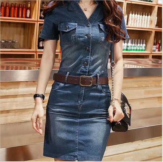 Women Casual V Neck Jeans Dress Knee Length Vintage Denim Elegant ...