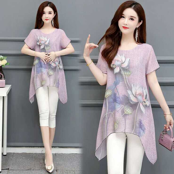 Women Chiffon Printed Tunic Plus Size Loose Tops Blouse T Shirt ...