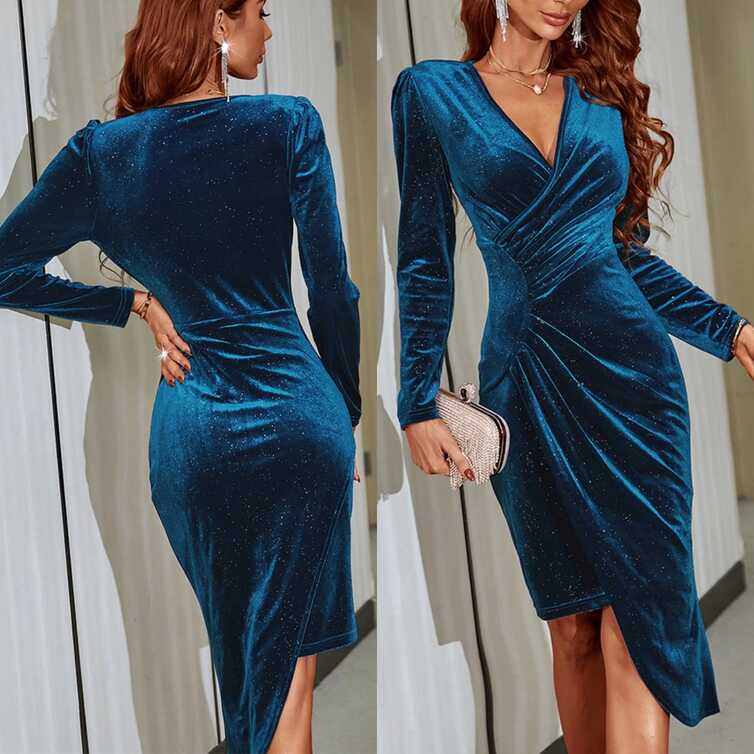 Women Clothing Velvet Long Sleeve V-Neck Tight Party Dress ...