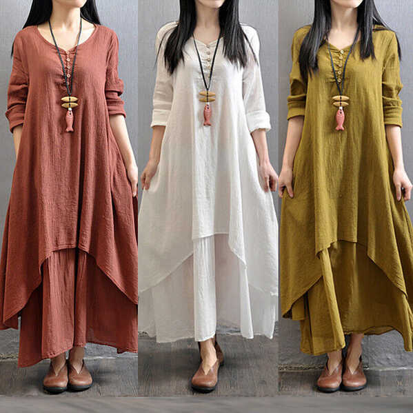 Women Cotton Linen Maxi Dress Casual Boho Long Sleeve Sundress ...