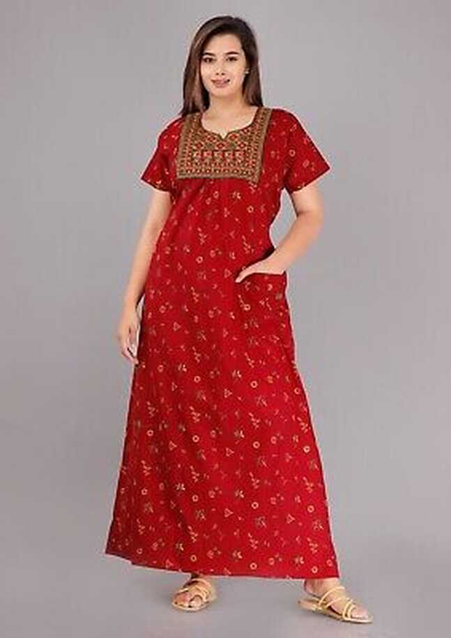 Women Cotton Night Kurta Indian Embroidery Night Gown Maxi Dress ...