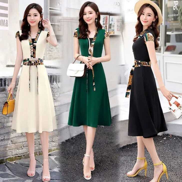 Women Dress Fashion Summer V-neck Short Sleeve Tie Up Elegant ...