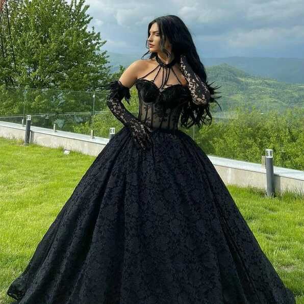 Women Elegant Black Lace And Feather Princess Prom Dress ...