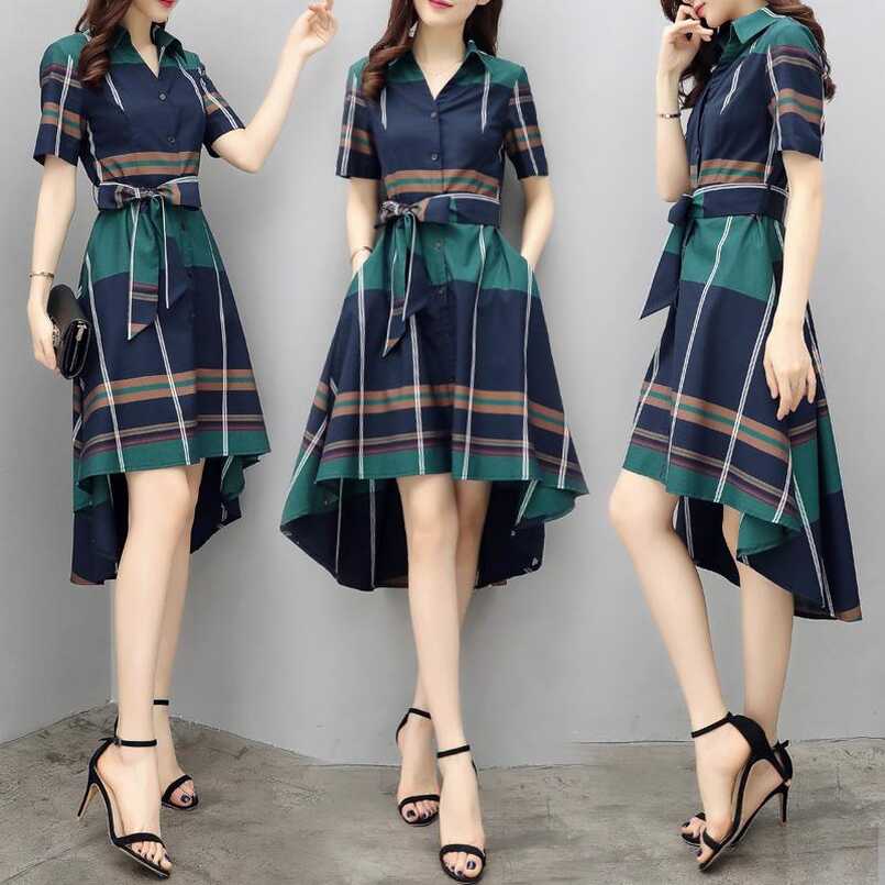 Women Elegant Chiffon Plaid V-neck Tunic Front Short Back Long ...