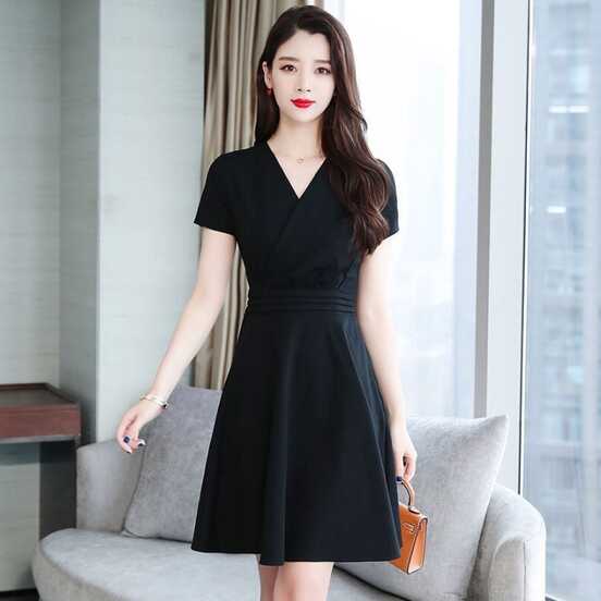 Women Elegant Dress Black Korean Style Short Sleeve Casual Dresses ...