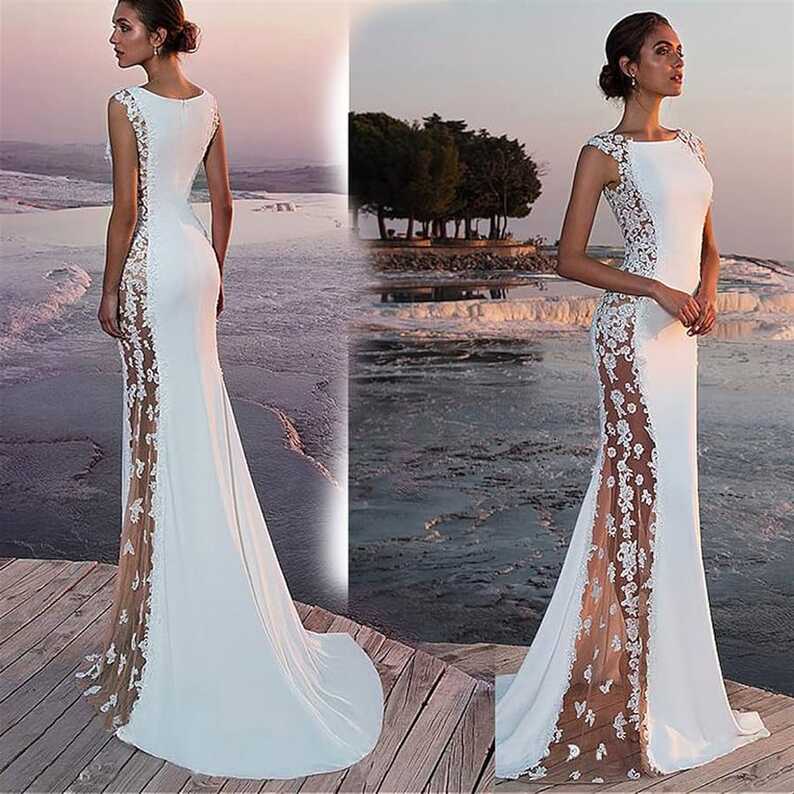 Women Elegant Formal Dress White Dress Lace Sleeveless Sexy Long ...