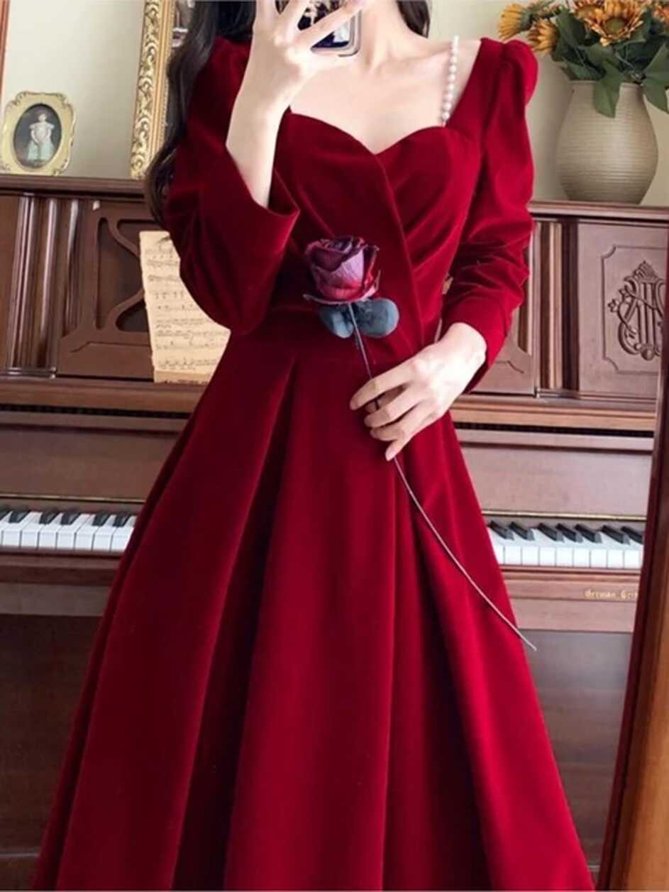 Women Elegant Red Christmes Long Sleeve Party Dress Square Collar ...