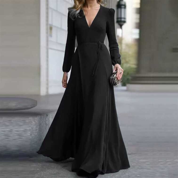 Women Evening Dresses V Neck Long Sleeve Solid Elegant Formal Maxi ...