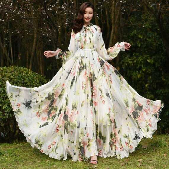 Women Extra-long Floral Print Chiffon Big Hemline Holiday Puff ...