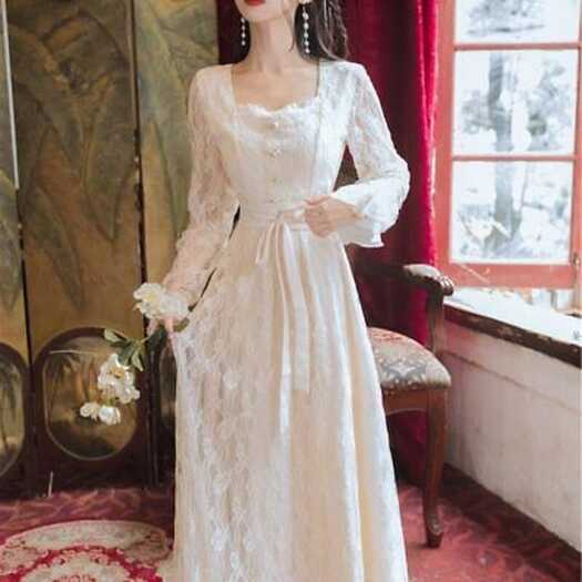 Women Fairy White Long Sleeve Dresses Lace Dress Elegant Vintage ...