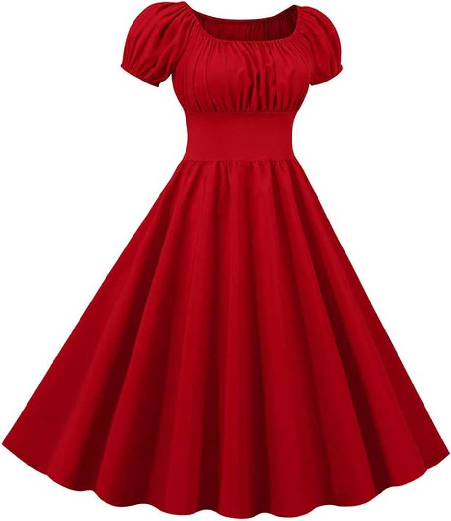 Women Fashion Red Square Collar Puff Sleeve Knee-Length A-Line ...