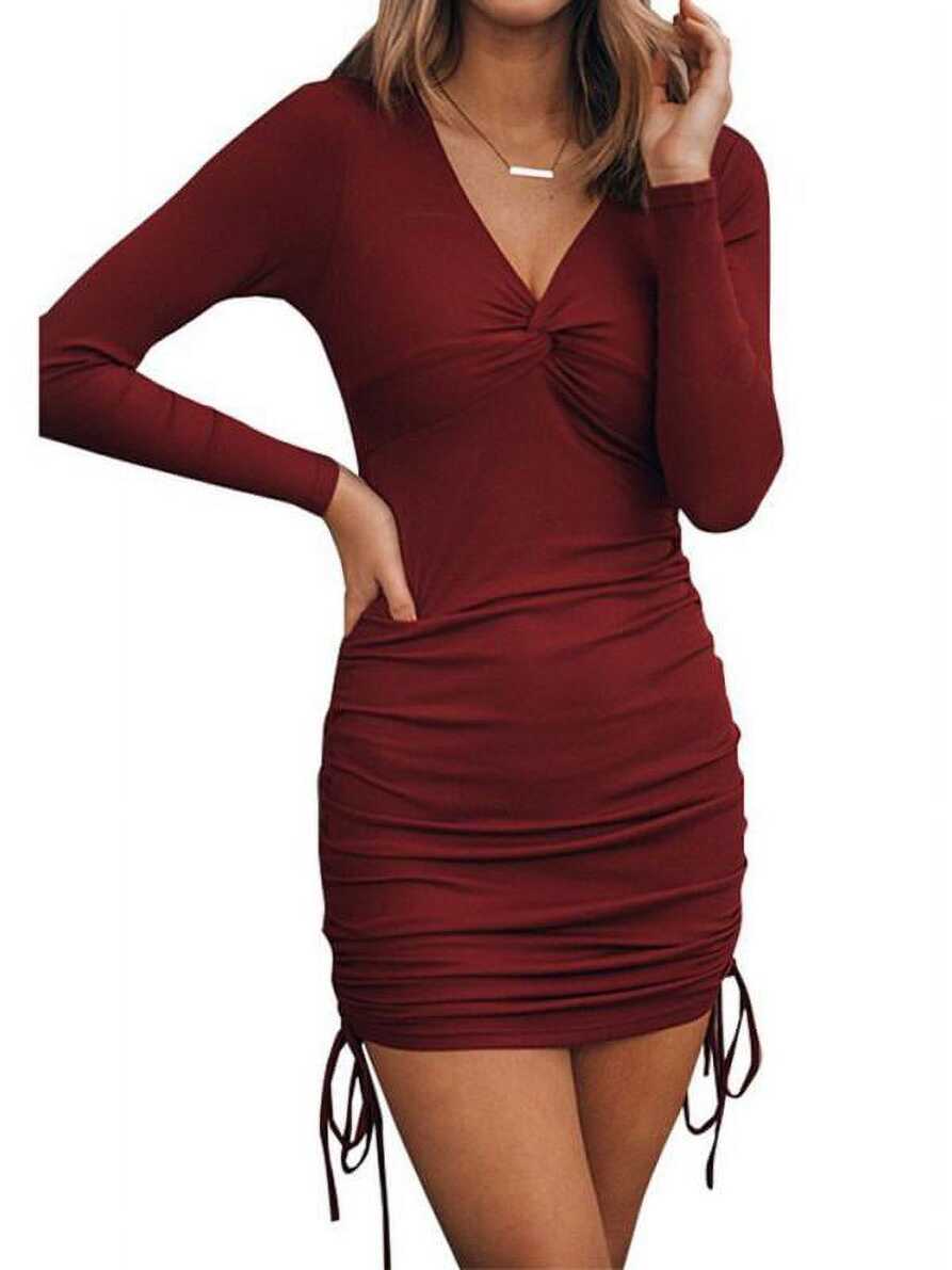 Women Fashion Ruched Elegant Bodycon Long Sleeve Wrap Front Solid ...