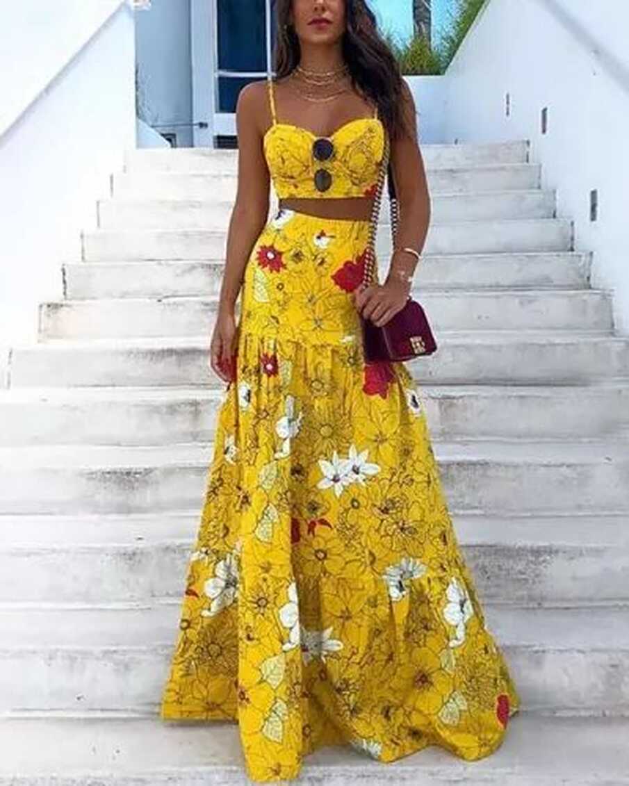 Women Floral Print Tops Skirts Two Piece Set