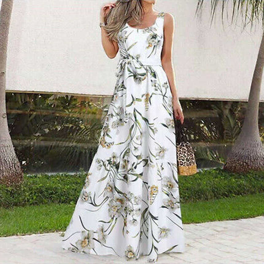 Women Floral Print U Neck Sleeveless Maxi Dress Summer Holiday ...