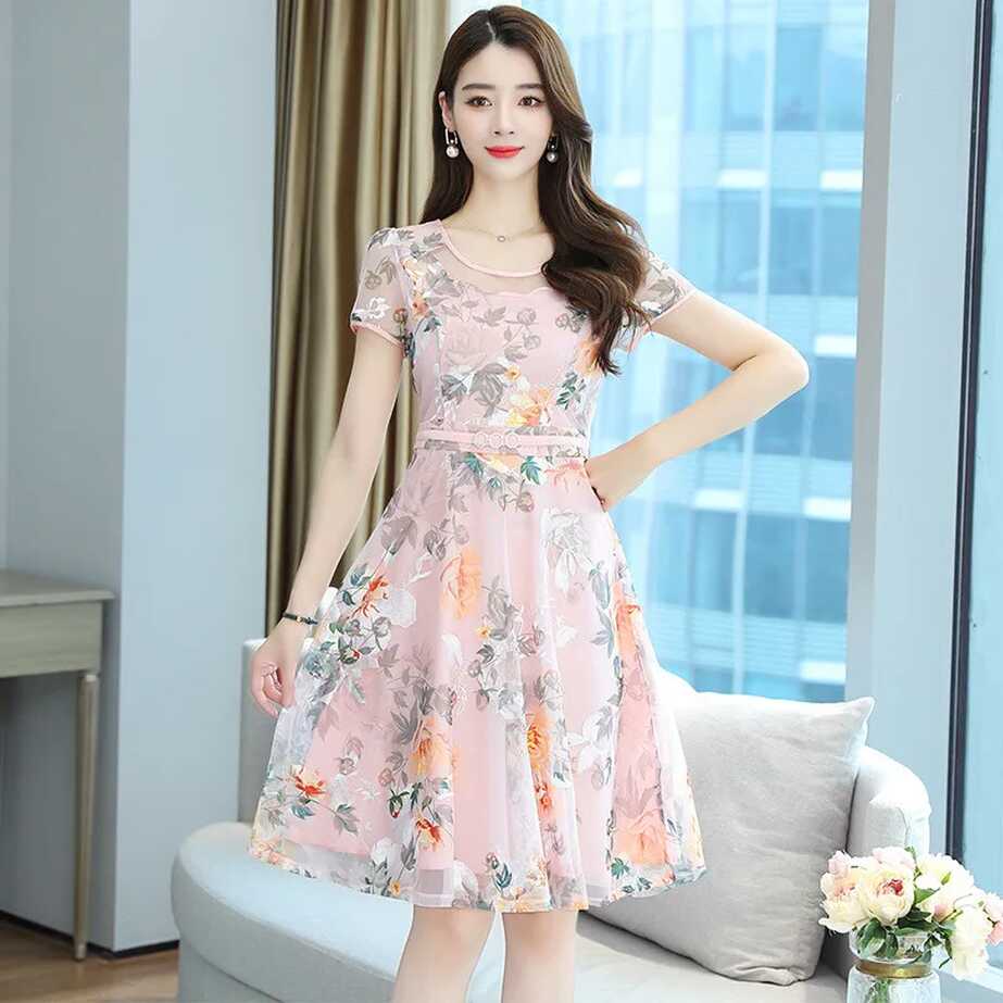 Women Floral Round Neck Short Sleeves Summer Chiffon Dress Slim ...