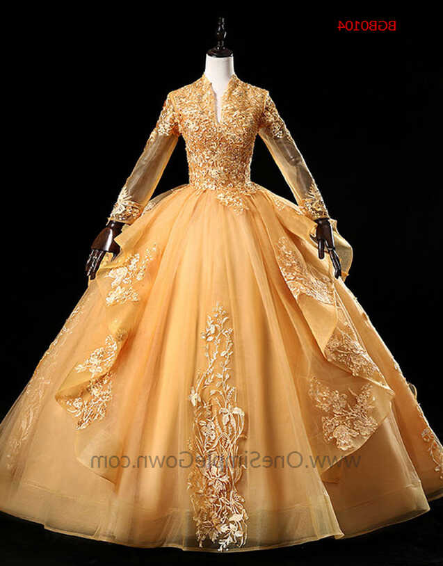 Women Gold Bean Pink Royal Wedding Ball Gown - OneSimpleGown.com