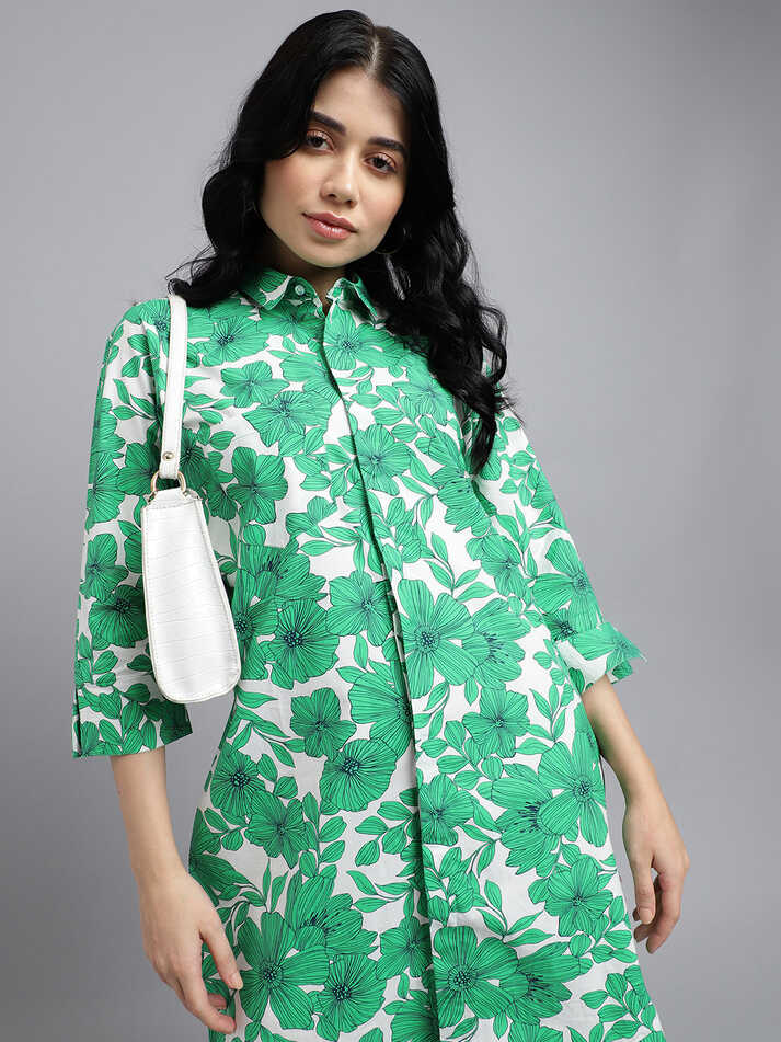 Women Green &amp; White Floral Print Pure Cotton Knee Length Formal Dress