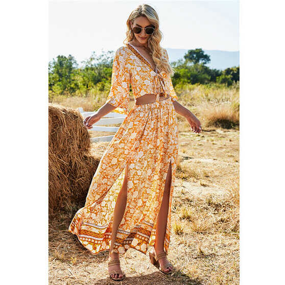 Women High Slit Beach Dress Two Piece Crop Top Maxi Long Skirt Set ...