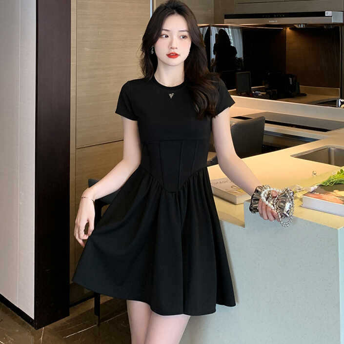 Women Korean Fashion Elegant A-Line Dress Summer Black Short ...