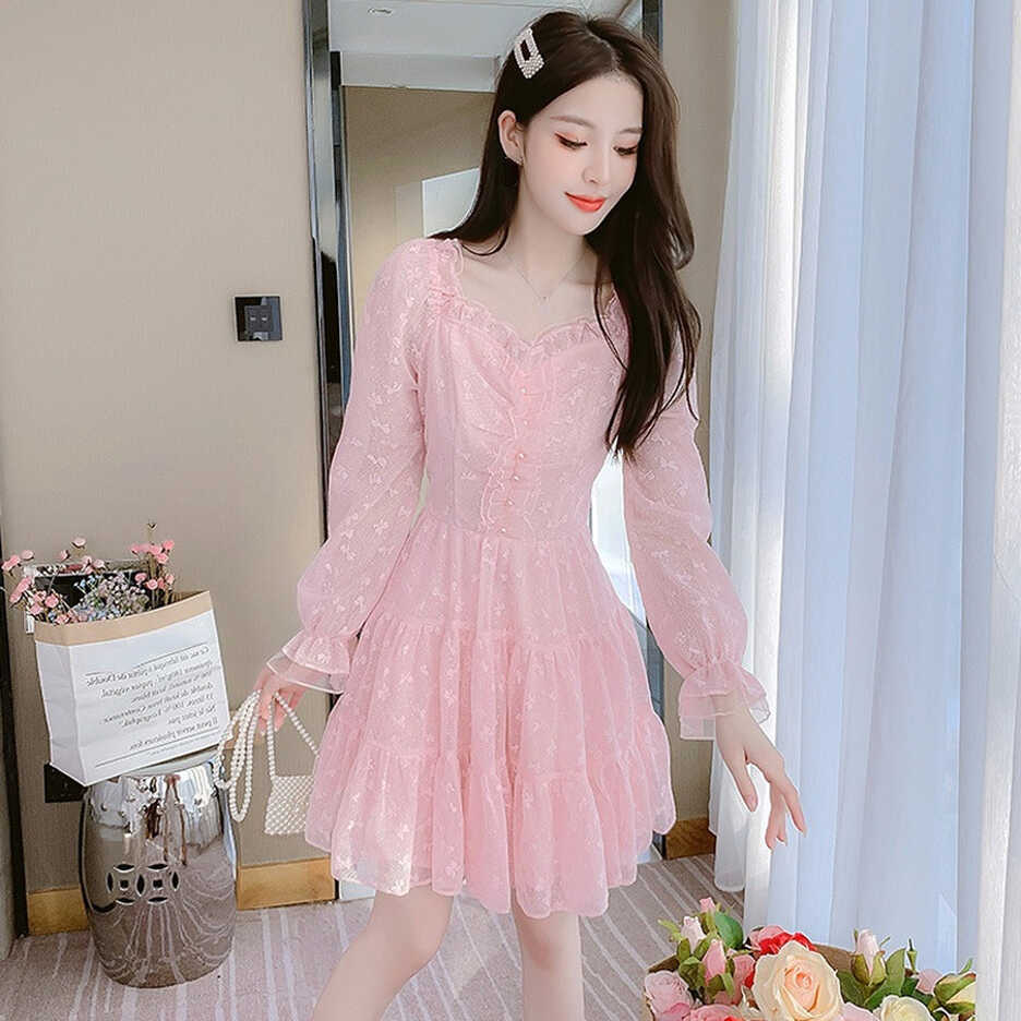 Women Lace Mini Dress Long Sleeve Ruffle Mesh Layered Pink Cute ...