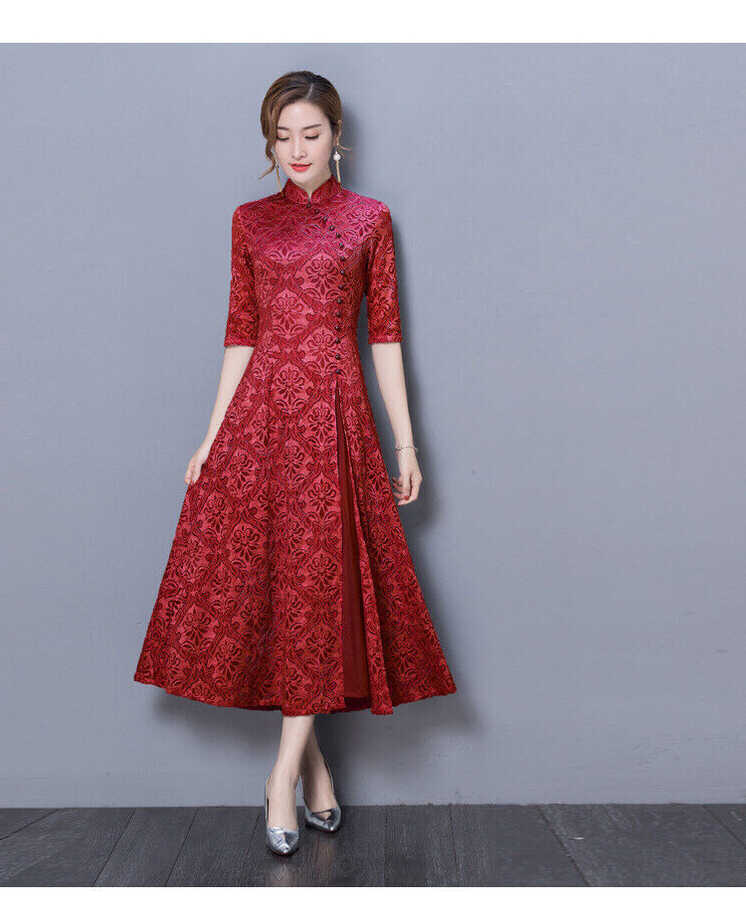 Women Lace Qipao Chinese Dress Modern Cheongsam Long Party Dress ...