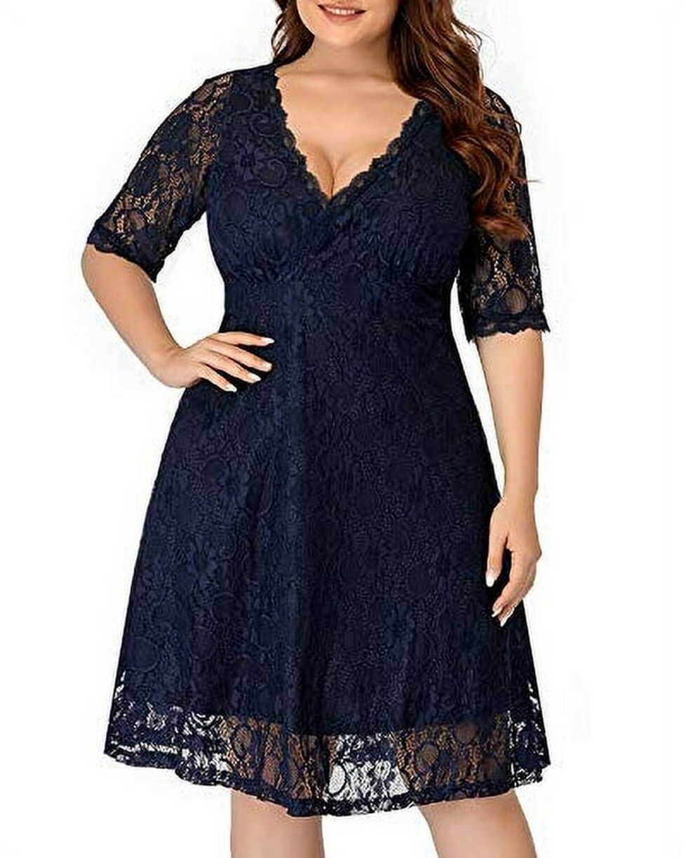 Women Lace V Neck Plus Size Cocktail Dress Navy Blue Wedding Guest ...