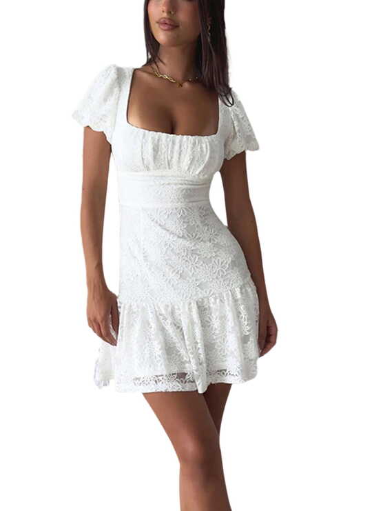 Women Lace White Graduation Dress Ruffle A Line Flare Flowy ...