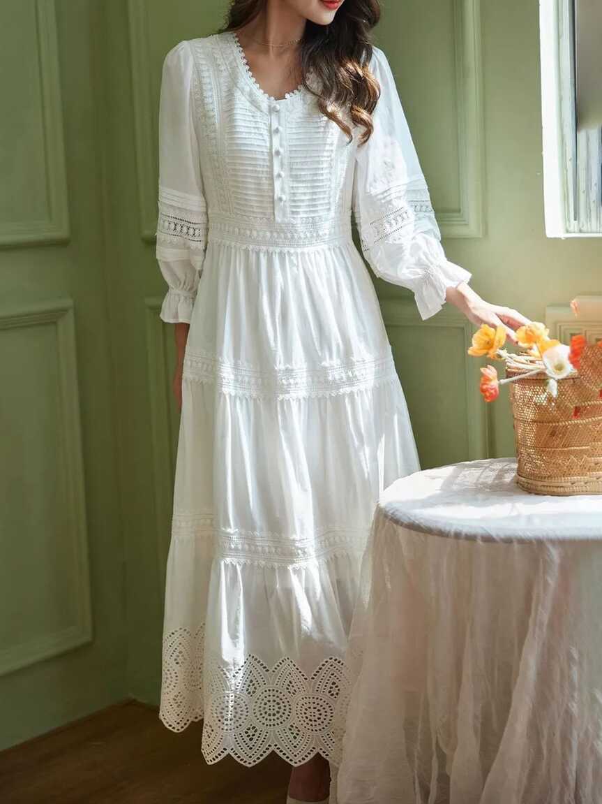 Women Lantern Sleeve Lace Dress Elegant Style Casual Summer Wear ...