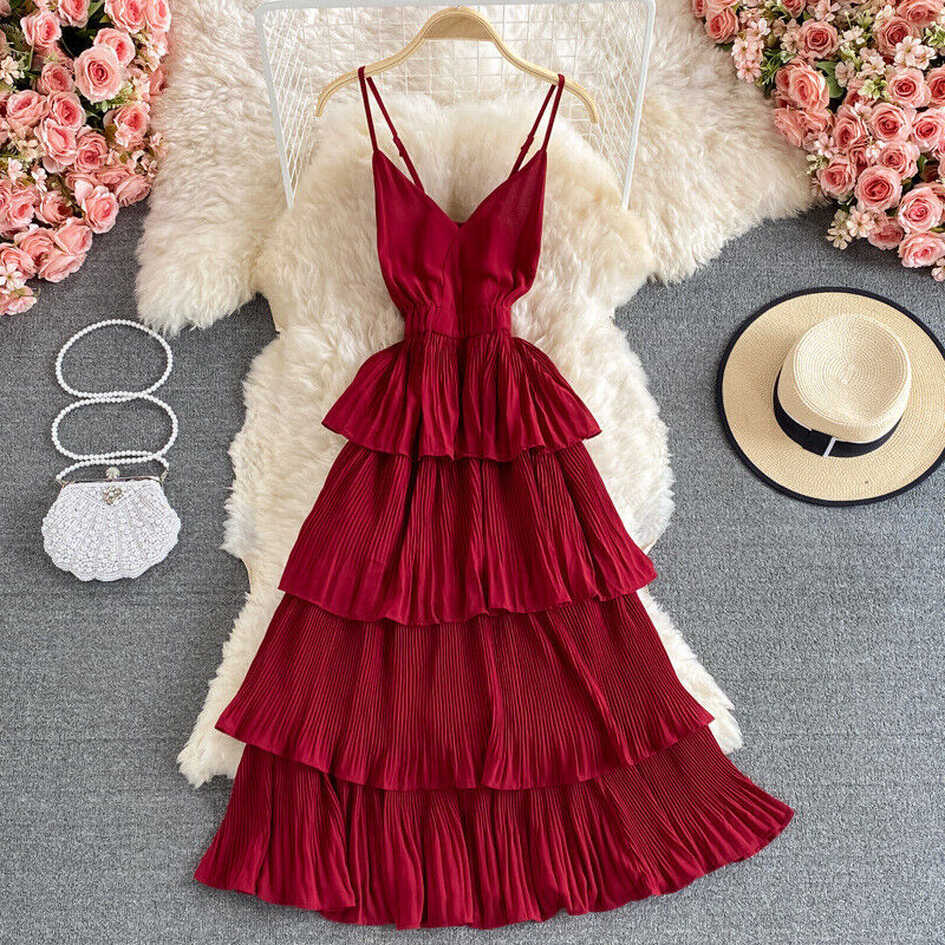 Women Layered Tiered Ruffle Dress Sleeveless V-neck Long Cami ...