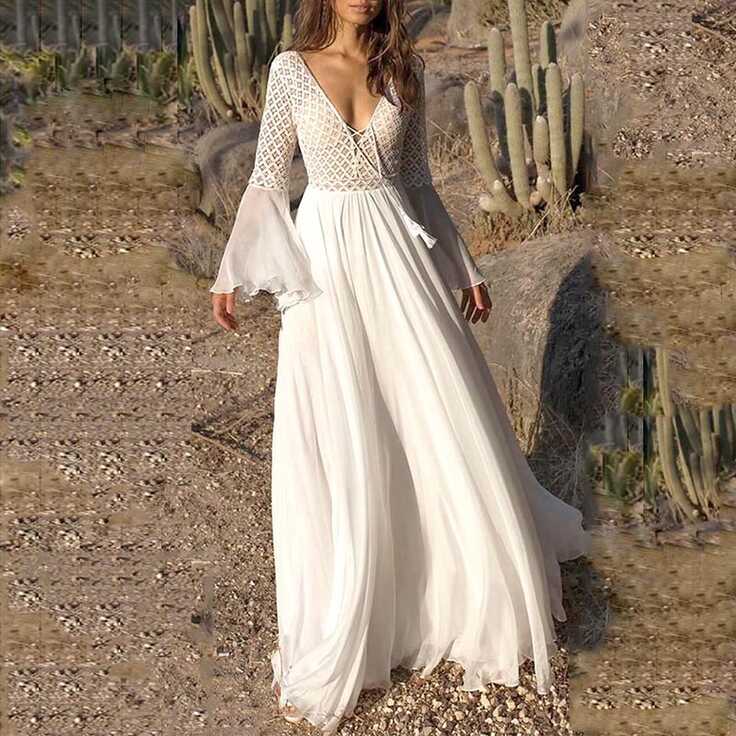 Women Long Flare Sleeve V Neck White Hollow Boho Lace Maxi Dress ...